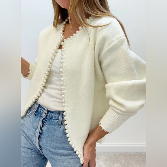 Commense Pearl Trim Ripped Hem Cardigan - Picture 2 of 7